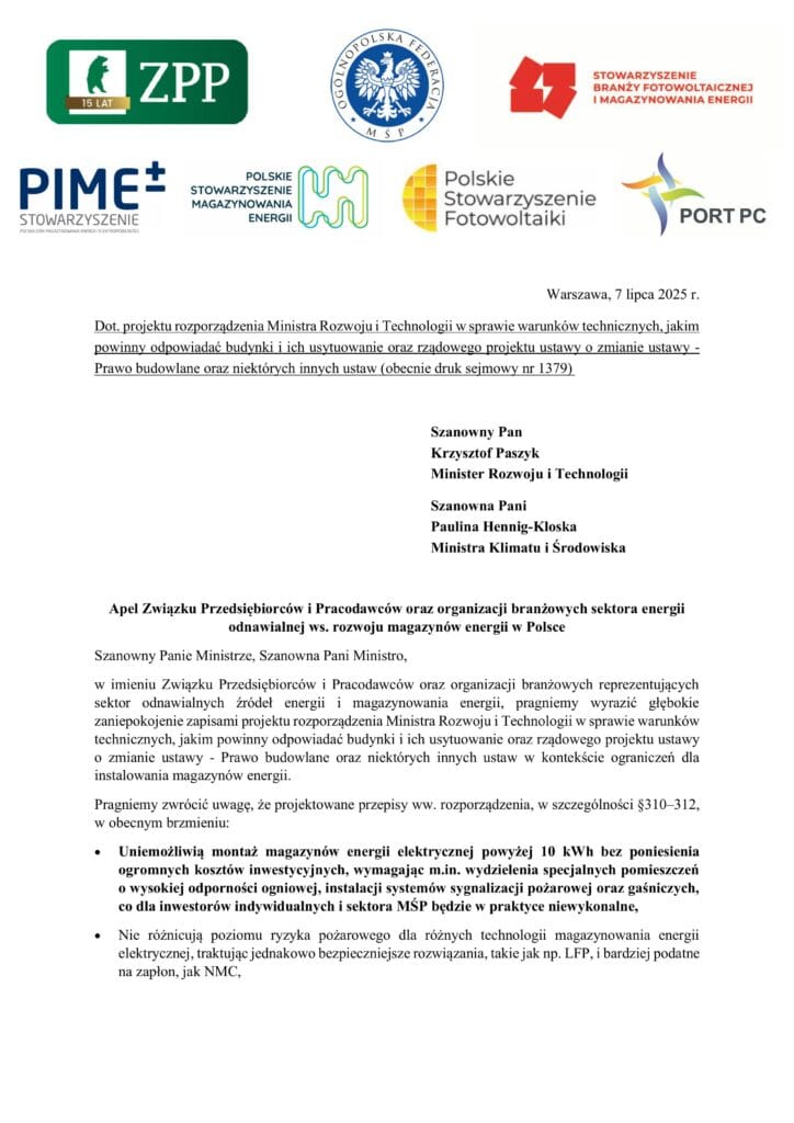 Apel Związku Przedsiębiorców i Pracodawców oraz organizacji branżowych sektora energii odnawialnej ws. rozwoju magazynów energii w Polsce
