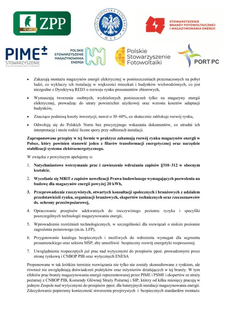 Apel Związku Przedsiębiorców i Pracodawców oraz organizacji branżowych sektora energii odnawialnej ws. rozwoju magazynów energii w Polsce