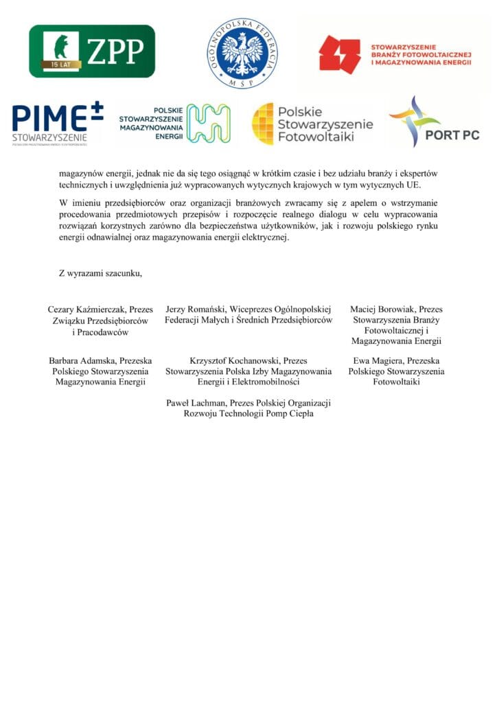 Apel Związku Przedsiębiorców i Pracodawców oraz organizacji branżowych sektora energii odnawialnej ws. rozwoju magazynów energii w Polsce